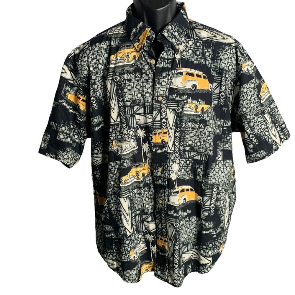 Vintage 90s Natural Issue Button Up Hawaiian Shirt L Black Classic Car Pocket